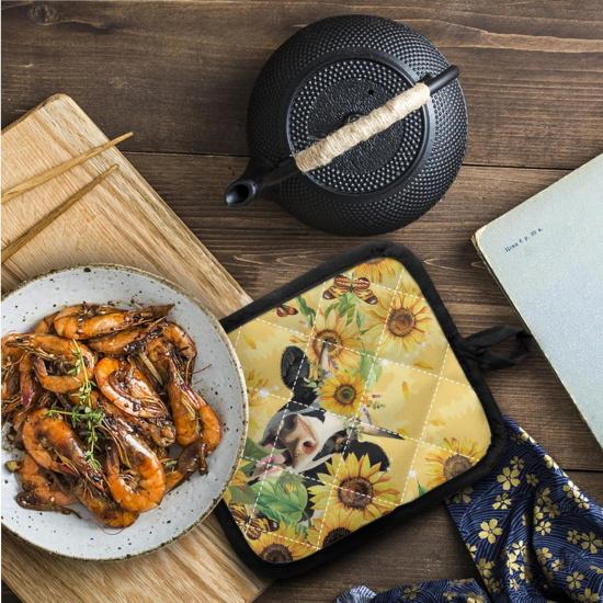 UNICEU Sunflower Cow Print Oven Mitts and Pot Holders Set of 4 Heat Resistant Kitchen Oven Mitts Gloves and Potholders for Baking Cooking Grilling