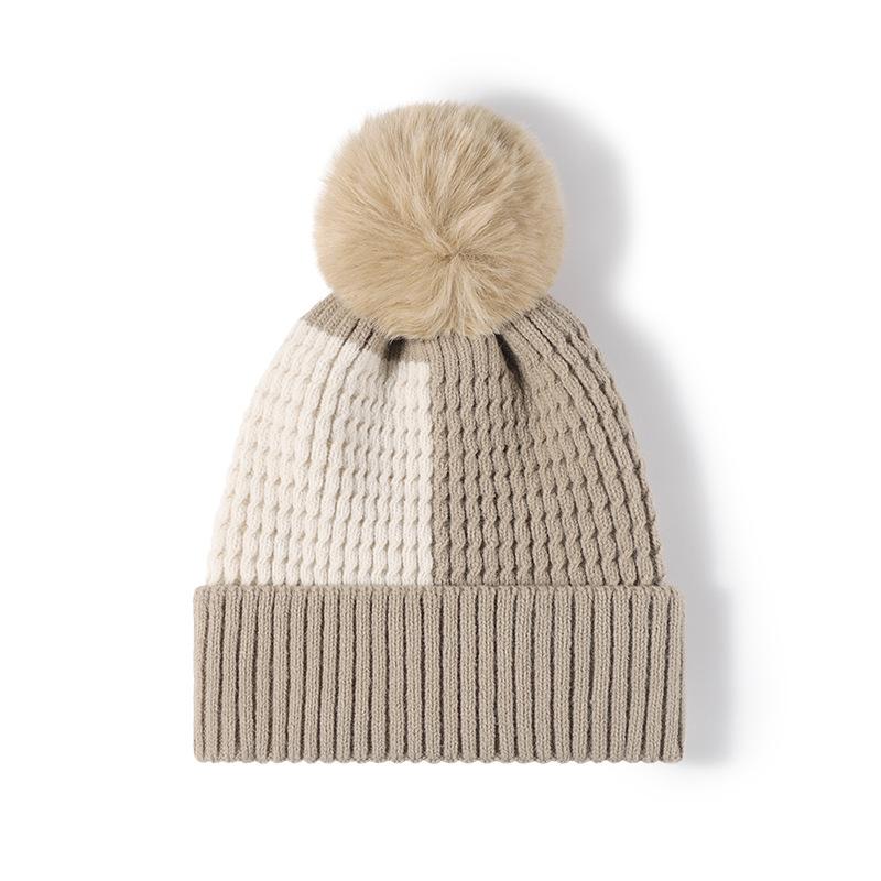 Hat, Female, Autumn and Winter with Fur Ball, Warm and Thickened, Padded Knitted Cap, Fashion Color Blocking, Outdoor Woolen Cap