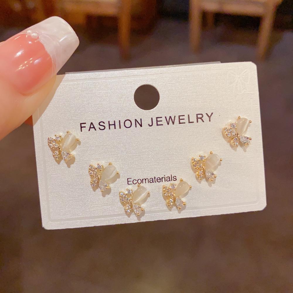 Elegant Three-Piece Zircon Cat's Eye Butterfly Stud Earrings for Daily Wear