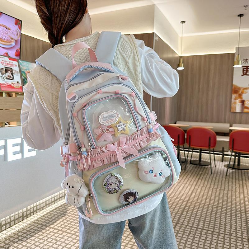 Schoolbag Japanese contrasting color bow backpack female junior high school appearance large capacity student pain bag ins transparent bar backpack