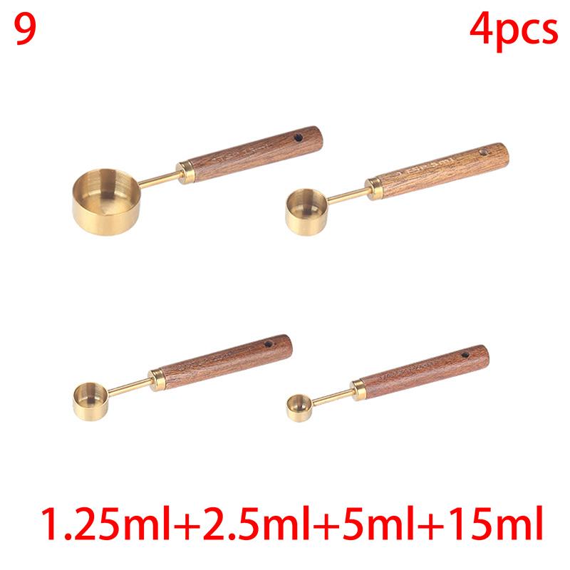 Złoty uchwyt z drewna, stal nierdzewna, miarki, łyżki, narzędzia do pieczenia, zestaw łyżek miarowych do kawy, akcesoria do wag barmańskich