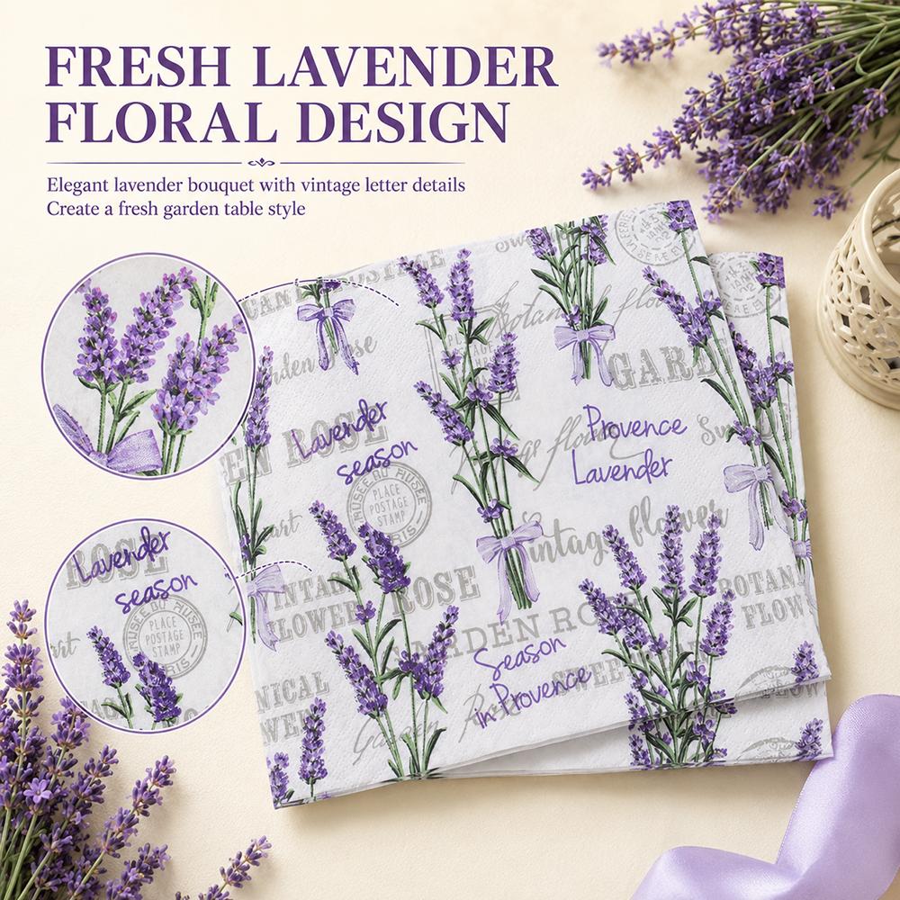 Lavender Floral Paper Napkins 40Pcs 2-Ply Table Napkins for Tea Party Wedding Birthday Decor