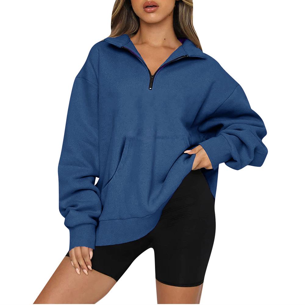 European and American Women's 2022 Autumn/Winter Pocket Half-Zip Long Sleeve Pullover Hoodie Sweatshirt