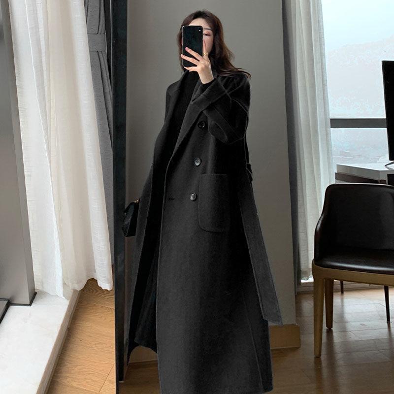 Winter Trenchcoat voor Dames Elegante Mode Koreaanse Casual Woljas Donkerblauw Vetersluiting Lange Jas Zwarte Damesjas met Riem