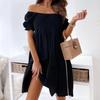 Spring Summer Women's Casual Off-Shoulder Dress with Ruching, Bubble Sleeves, Midi-Length, Stretchy, Elegant Ruffles