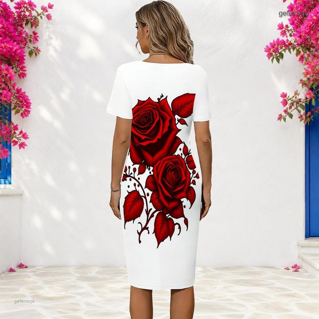 Women Plus Size Round Neck Short Sleeve Red Rose Printed White Fitted Dress