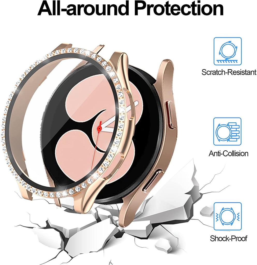 LUJING Glass+Case for Samsung Galaxy Watch 4 44mm 40mm Accessories Bling Diamond PC Bumper Shell +Screen Protector Galaxy Watch4 Cover