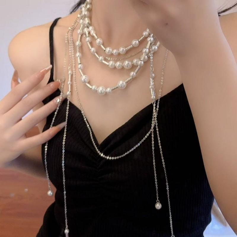 Layered Pearl Tassel Necklace Women Vintage Long Pendant Chain Statement Collarbone Jewelry 2025