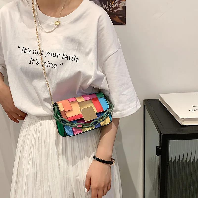 Women's Vintage Portable HandBag Versatile Single Shoulder Slant Across Bag Female Contrast Color Small Square Chain Bag