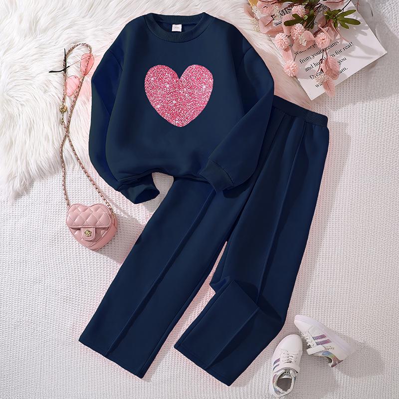 2025 Girls' European & American Spring Heart Sweatshirt and Pants Two-Piece Set
