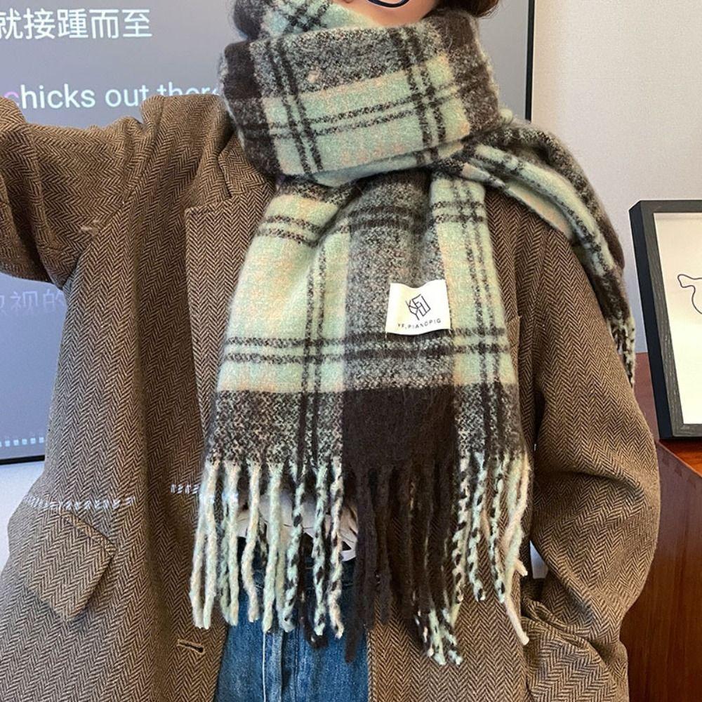 Tassel Mint Chocolate Color Plaid Scarf Plush Cape Wraps Elegant Long Shawl  Girl