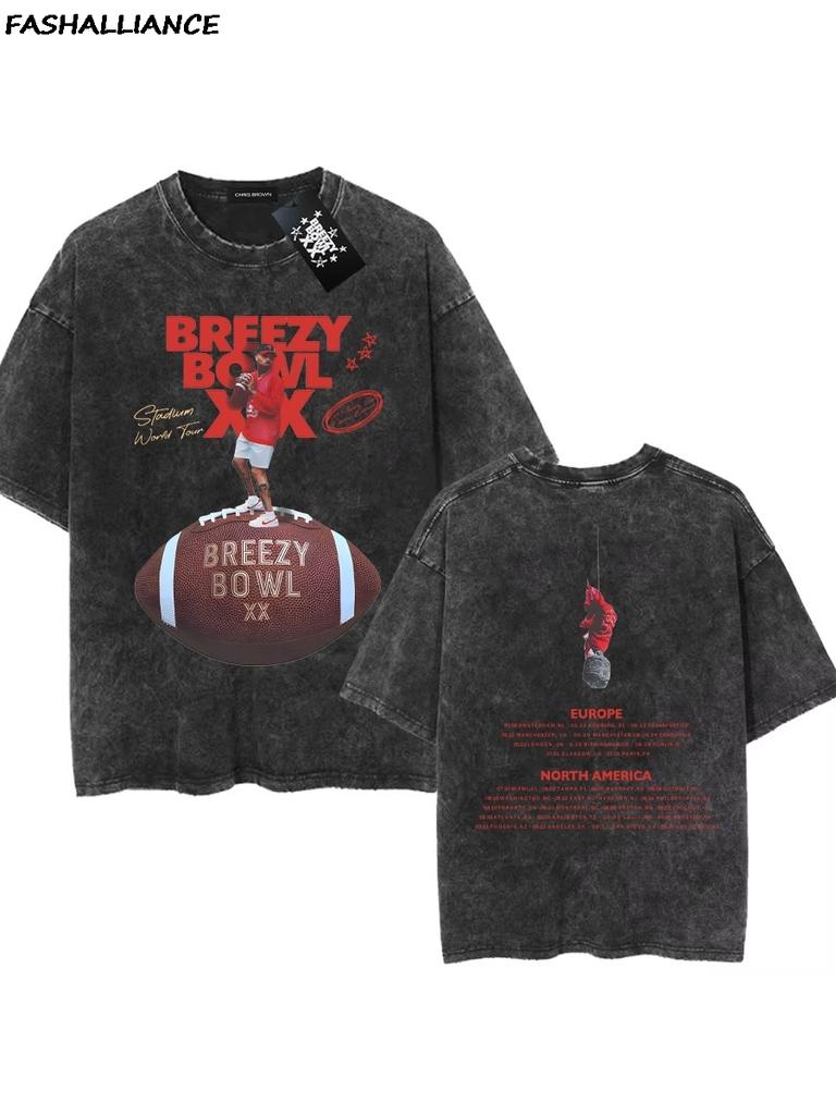 Chris Brown Tag Tshirt Breezy Bowl XX Tour Oversized T shirt Washed Vintage Cotton Hiphop Streetwear CB