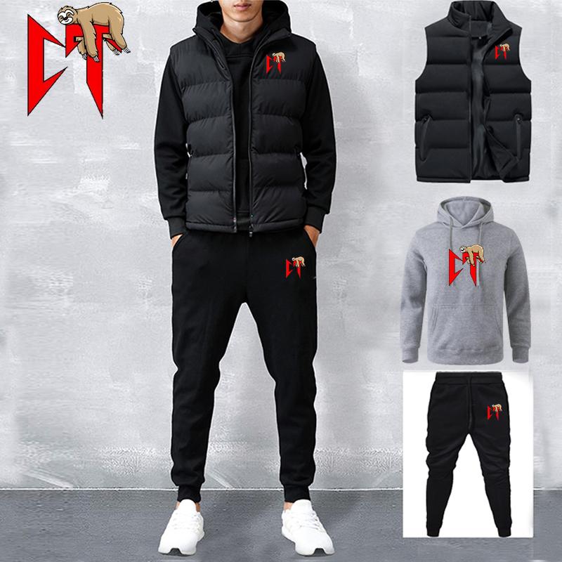 Men's Tracksuit  Vest+Hoodies+Sweatpants Suit Casual Jogger Sportswear 3 Piece Male Fleece Streetwear Sets