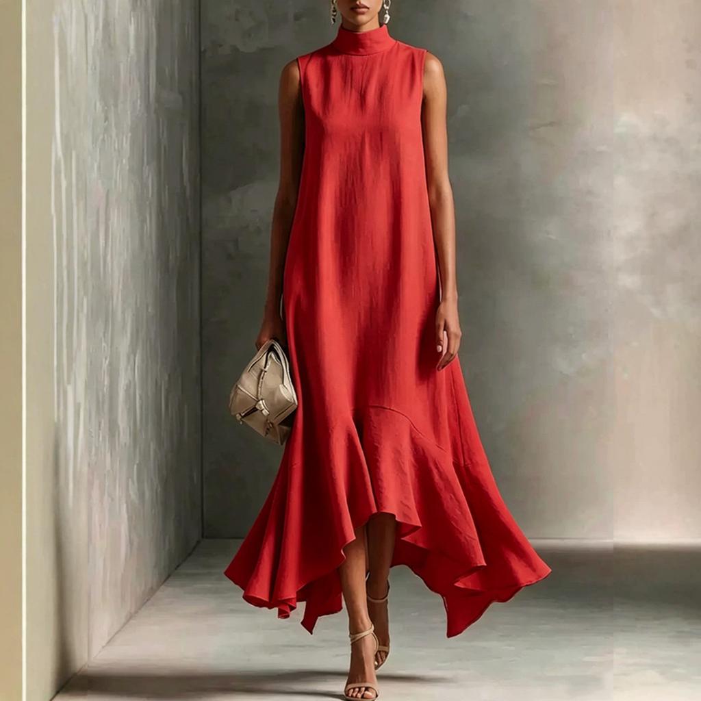 Damen ärmellos hoher Kragen lässig lockere Passform Midi-Kleid weicher Stoff entspannte Silhouette stilvoll für den Alltag