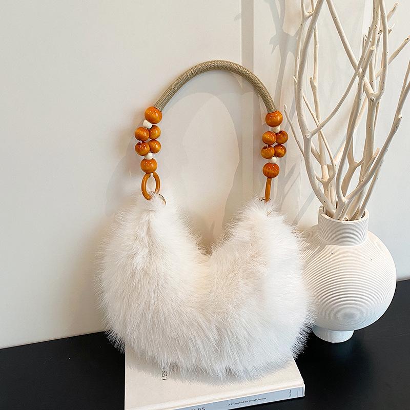 European and American retro plush handbag beaded niche shoulder bag 2025 autumn new fashion foreign plush bag