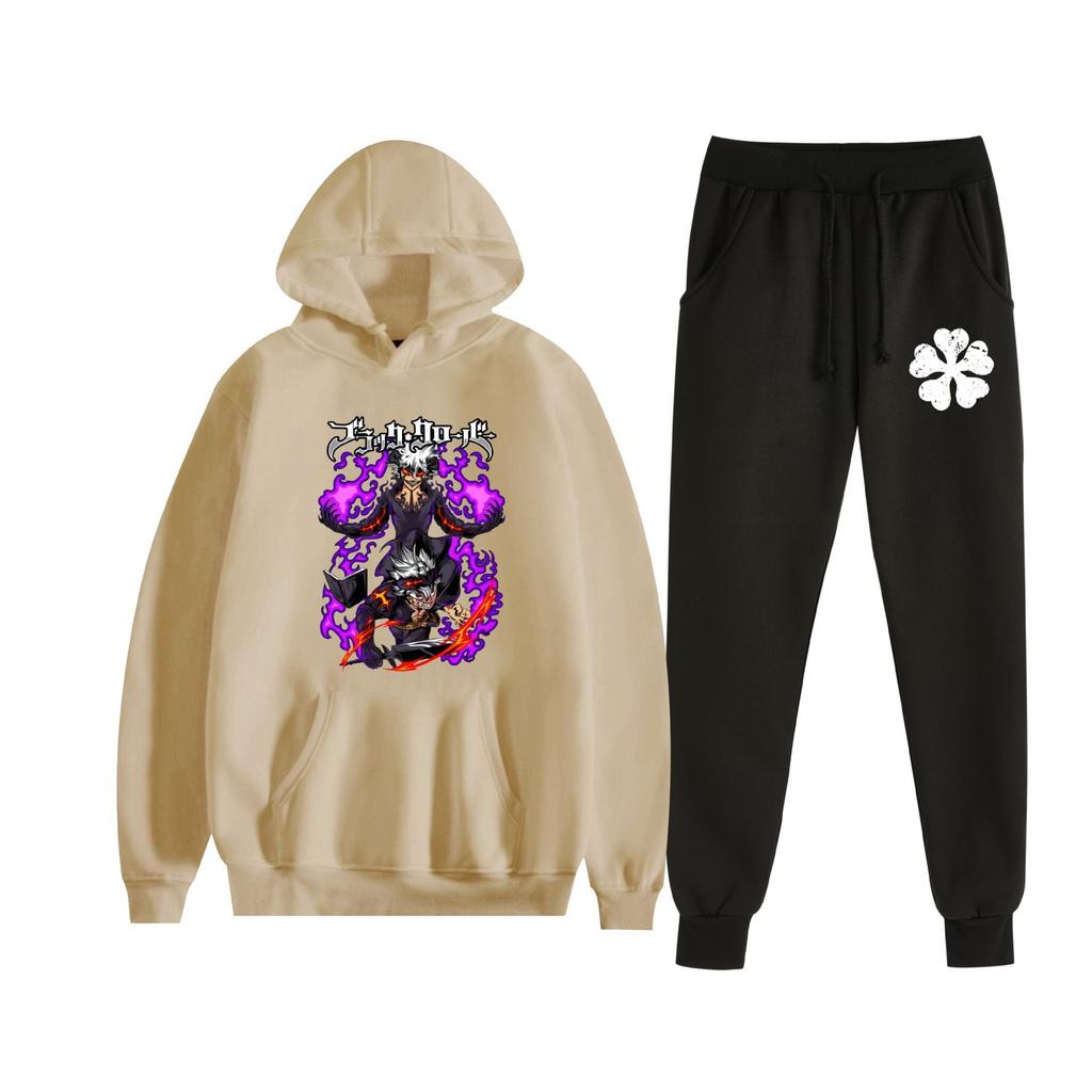 Europe, America, Autumn and Winter Black Four-leaf Clover Peripheral Two-dimensional Men's and Women's Leisure Sports Fleece Hooded Sweater Set 