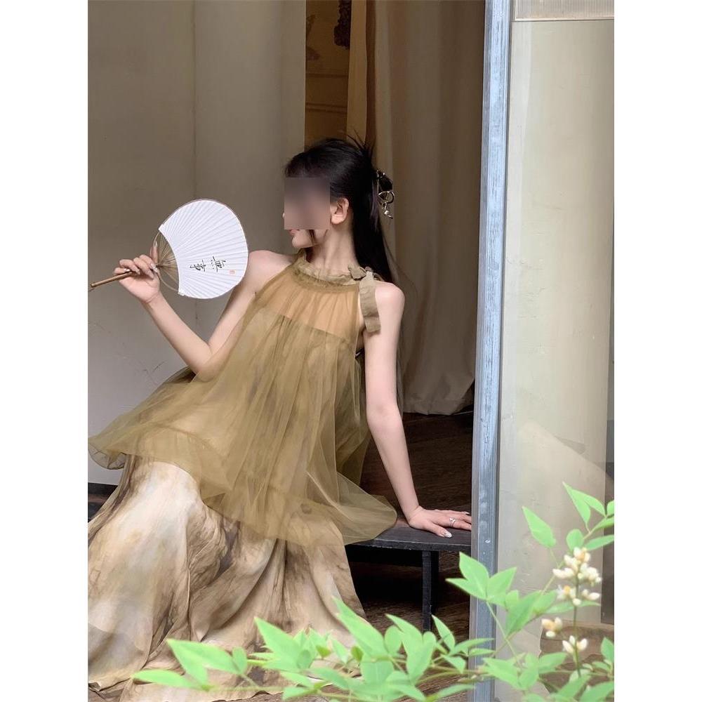 New Chinese-style Neck Mesh Tie-dye Dress for Women's Summer New Elegant Women's Design Sense Niche Fake Two-piece Long Dress