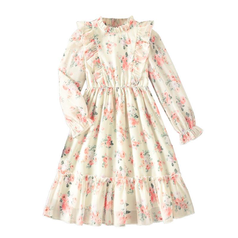 Dívčí šaty Dětské oblečení Podzim a zima Nový styl Květinový potisk Dlouhý rukáv Dívka 8-12Y Princeznovské šaty