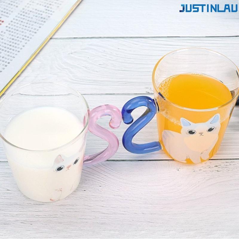Milk Juice Cup Coffee Cup Cute Cat Transparent Glass Cup Suitable for Couples To Give Gifts with Handle Glass Cup Mug