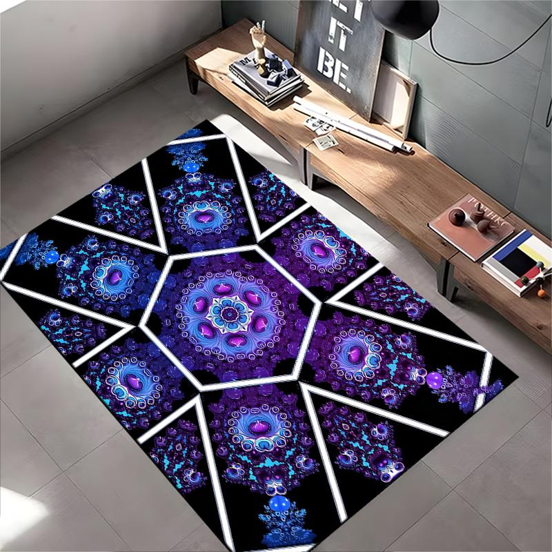 Mandala Style Carpet with Blue and Purple Geometric Floral Design Suitable for Use As an Anti-slip for Living Room Bedroom Sofas