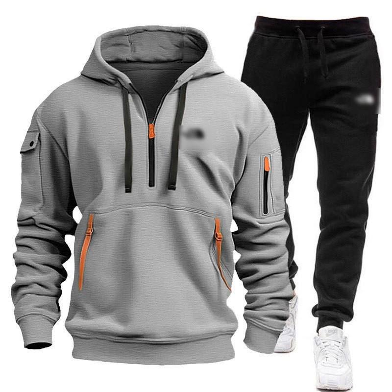Mens Winter Hooded Tracksuit Long Sleeve Top Pants Set Multi Pockets Casual Sportswear