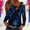 Women Plus Size Asymmetric Cutout Neck Cold Shoulder Long Sleeve Blue Printed Fitted Blouse