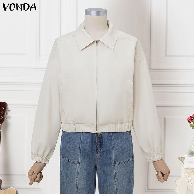 VONDA Spring Women Lapel Neck Long Sleeve Zip-up Thin Casual Cropped Jackets Coats