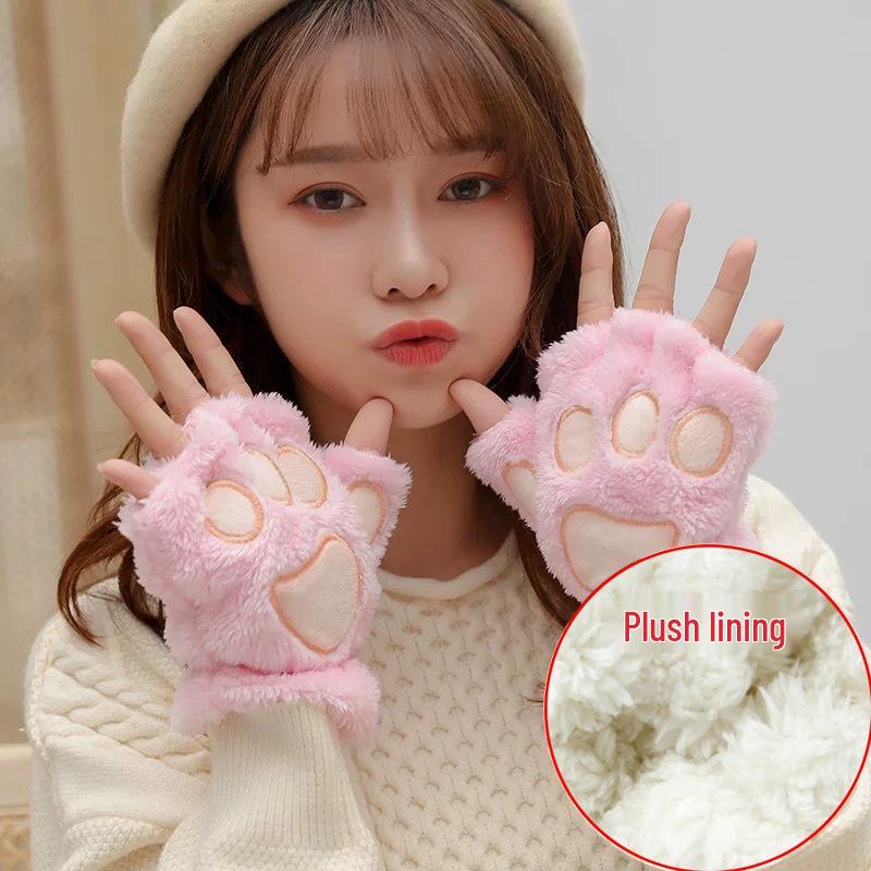 Cute Cartoon Bear and Cat Paw Plush Gloves for Girls - Warm, Thick Winter Riding Gloves with Neck Strap.