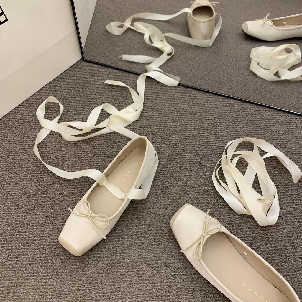 Lace Tie Leg Satin Silk Ballet Flats Women Square Toe Bowknot Elastic Ballerinas Ladies Wedding Floral Shoes