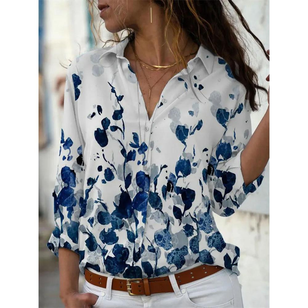 Autumn Women's Flower Print Shirt Fashion Button Top Slim Fit Comfortable Women's Button V-neck Casual Long Sleeve Shirt