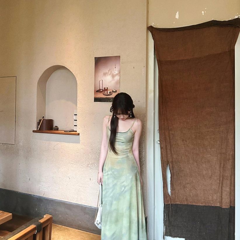 Super fire age reduction green smudge waist suspender dress women's summer seaside vacation temperament light national style skirt