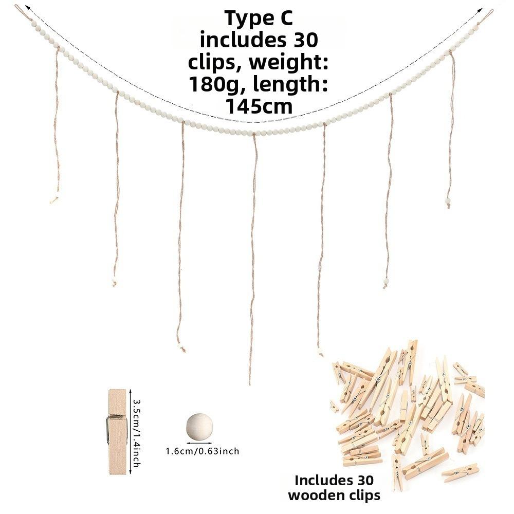 Wall Hanging Picture Display String Wooden Tassel Clips Photo Display Wooden Bead Photo Frames Home Bedroom Dorm Wall Decoration