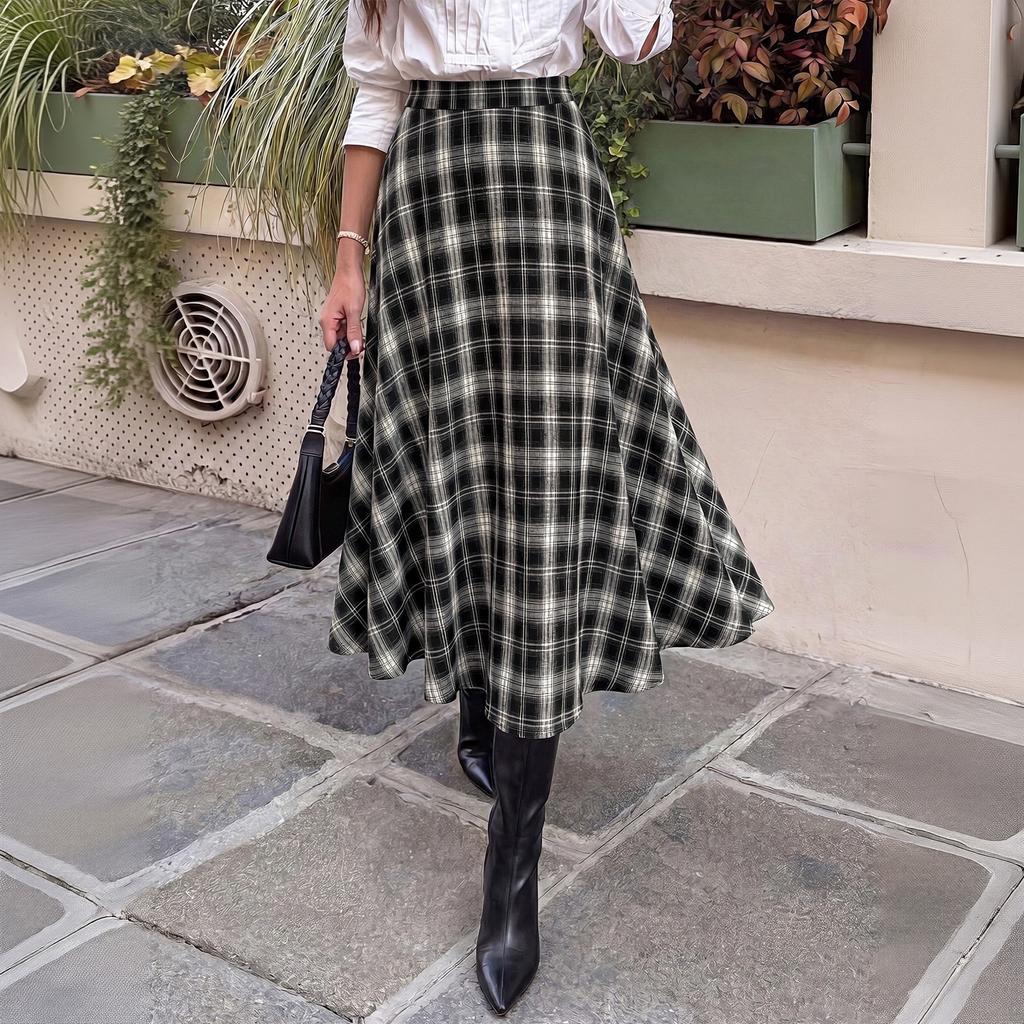 Women's Vintage Plaid High-Waist A-Line Casual Midi Skirt