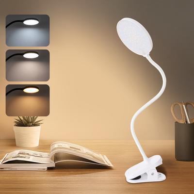 USB Charging Clip Desk Lamp Bedside Reading Lamp with 3 Color Modes and Adjustable Brightness - White