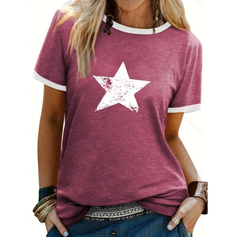 Five-pointed star print contrast T-shirt, short-sleeved crew neck casual top