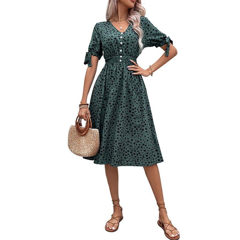 2025 New Summer Women's Decoration Waist Short Sleeve Leopard Print Dress