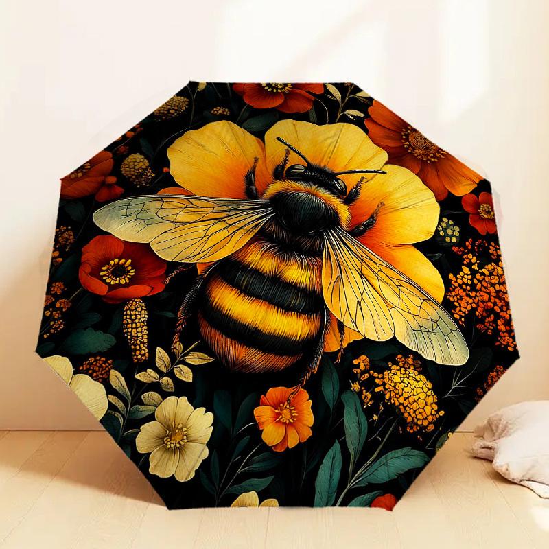 1pc Bee Flowers Automatic Folding Umbrella, Heavy Duty 8 Rib Iron Frame,  Suitable for Travel, Daily Use, Birthday, Decor Gift M0104067