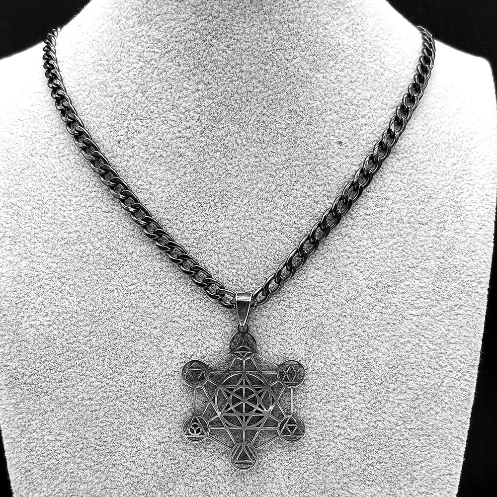 Yoga 7 Chakra Stainless Steel Pendant Necklace Gun Black Color Sacred Geometry Angel Seal Metatron Cube Symbol Chain Jewelry