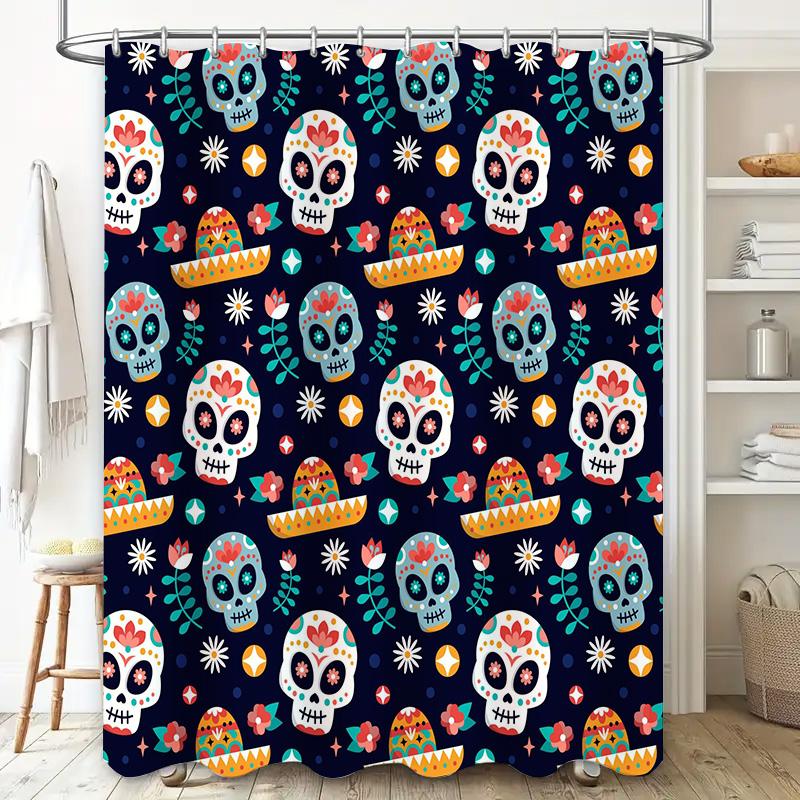 Multicolored Skull Print Shower Curtain for Bathroom Decor Blue Floral Design Polyester Fabric Water Repellent Waterproof Home C