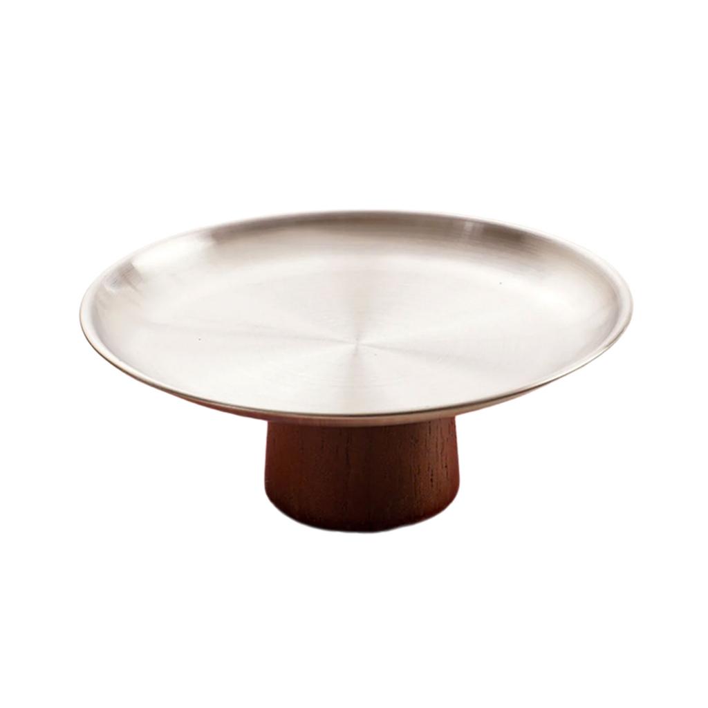 Tavă Metalică din Oțel Inoxidabil pentru Tort, Farfurie de Servire Fructe de Uz Casnic, Boluri pentru Desert cu Picior Înalt cu Bază din Lemn pentru Masă