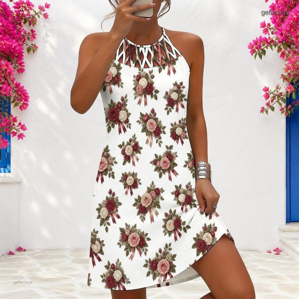 Women Plus Size Criss Cross Cutout Neck Sleeveless White Floral Printed Fitted Curved Hem Dress