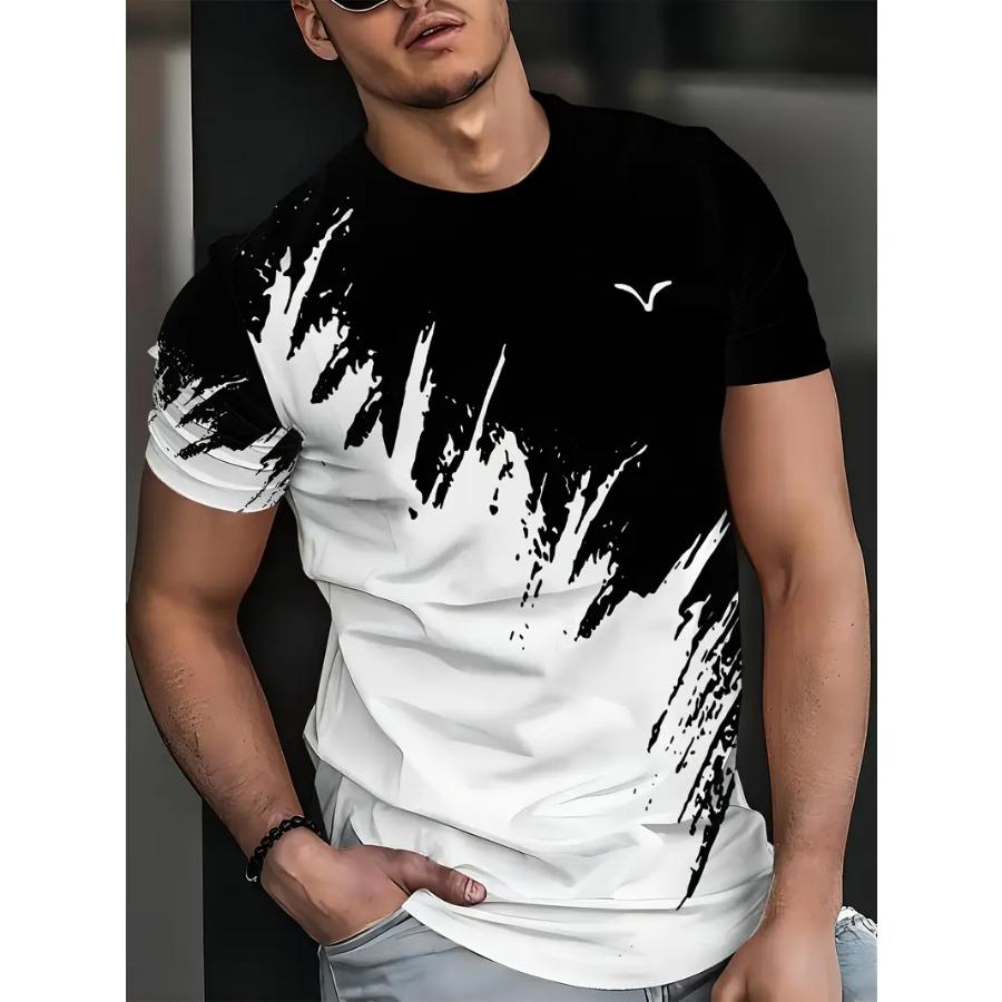 Men Casual Graphic T-Shirt - Black & White Abstract Design, Short Sleeve, Round Neck  Stretchy Summer, Streetwear Style, Everyday Comfort Tee