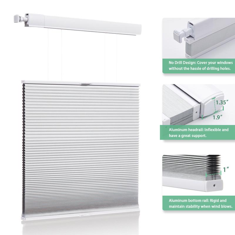 No Tools No Drill Top Down Bottom Up Honeycomb Blinds for Windows, 1" Cell Fabric Cordless Thermal Insulated Noise Reduction
