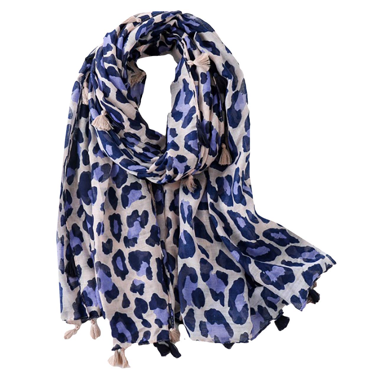 

WHITE FANG Leopard Print Scarf, Stylish Large Cotton-Linen Afghan for Casual Wear, Women s, MA079 (Blue)