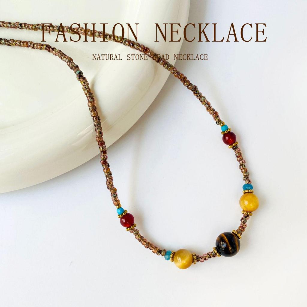 Qiuye Ethnic Turquoise & Tiger Eye Beaded Bracelet Necklace for Women