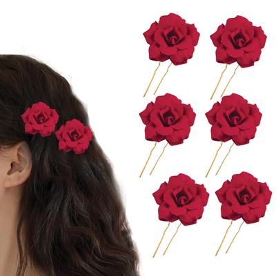 TEMPERIA (6pcs) Hair Accessories For Women & Girls - Bridal Brooch & Braid for Hairstyle of Bride, Wedding & Party - Stylish Red Rose Artificial Flo