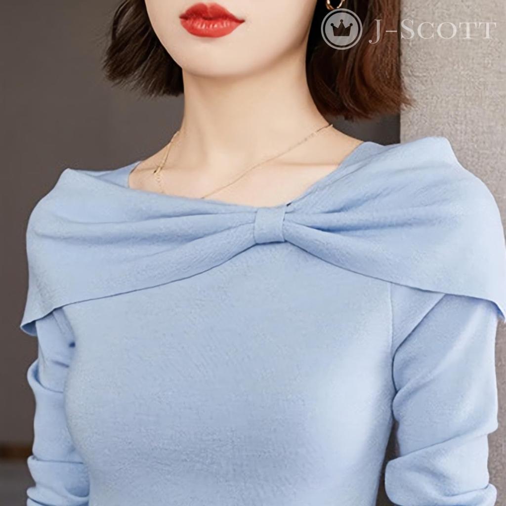 J-Scott Boat Neck Knit Top with Ribbon Motif, Lightweight, Soft, Slim Fit, 1/4 Sleeves, Blue, JS112-BL-XL