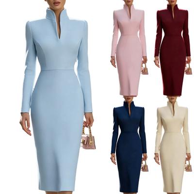 Vestido ajustado de manga larga con cuello alto para mujer, para el trabajo y ocasiones formales
