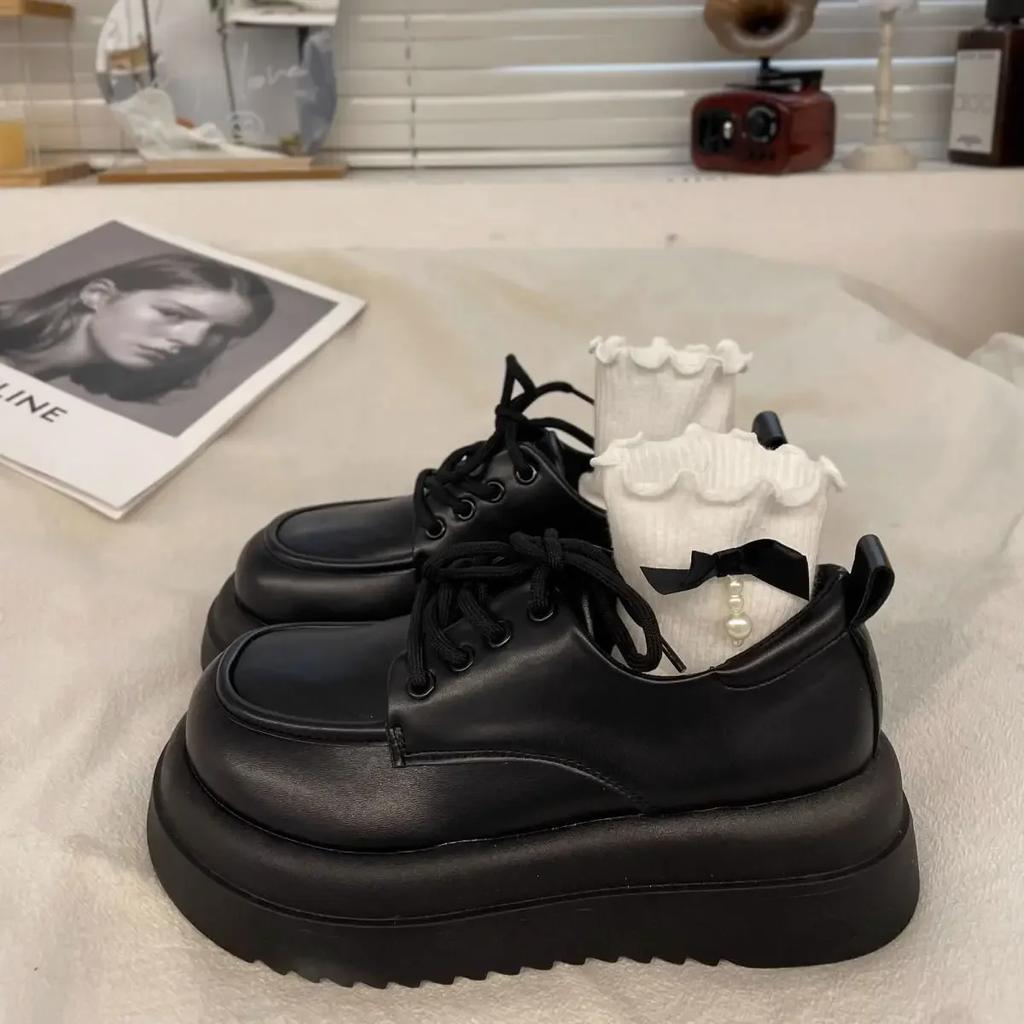 Fashion Ladies Pumps Loafers Women's Shoes 2025 Spring Autumn Round Toe Platform Middle Hee Lace Up Casual Leather Single Shoes Female