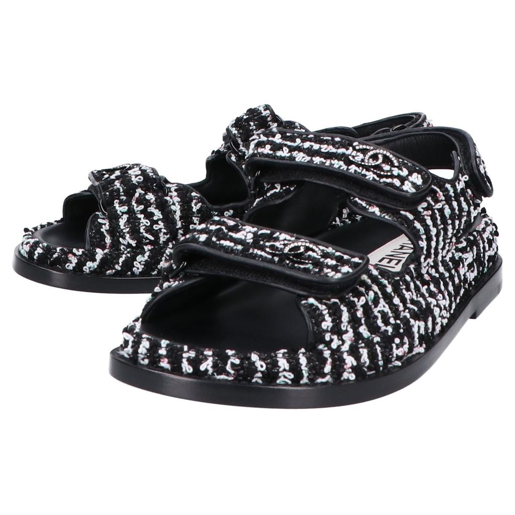 CHANEL G35927 CC Logos Tweed/Leather Flats shoes 36C blackUsed